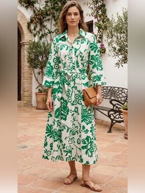 Green Floral Print Shirt Dress with Tie Waist